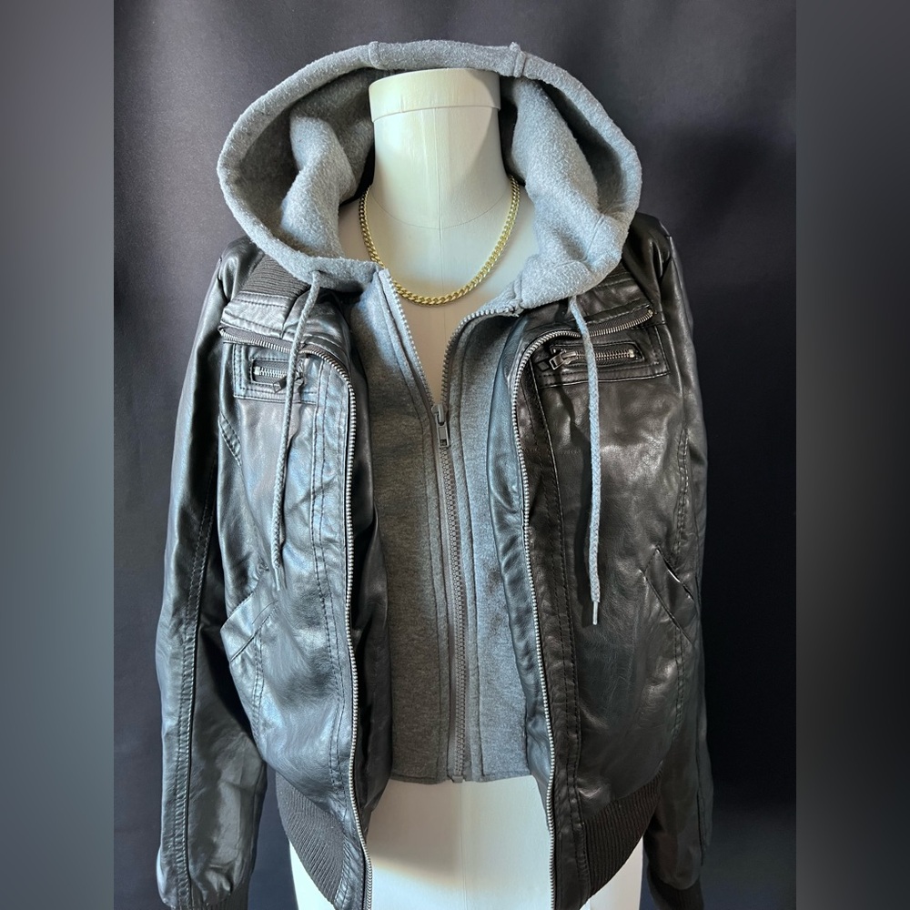 Ambiance Womens Faux Leather Jacket With Hoodie Size L